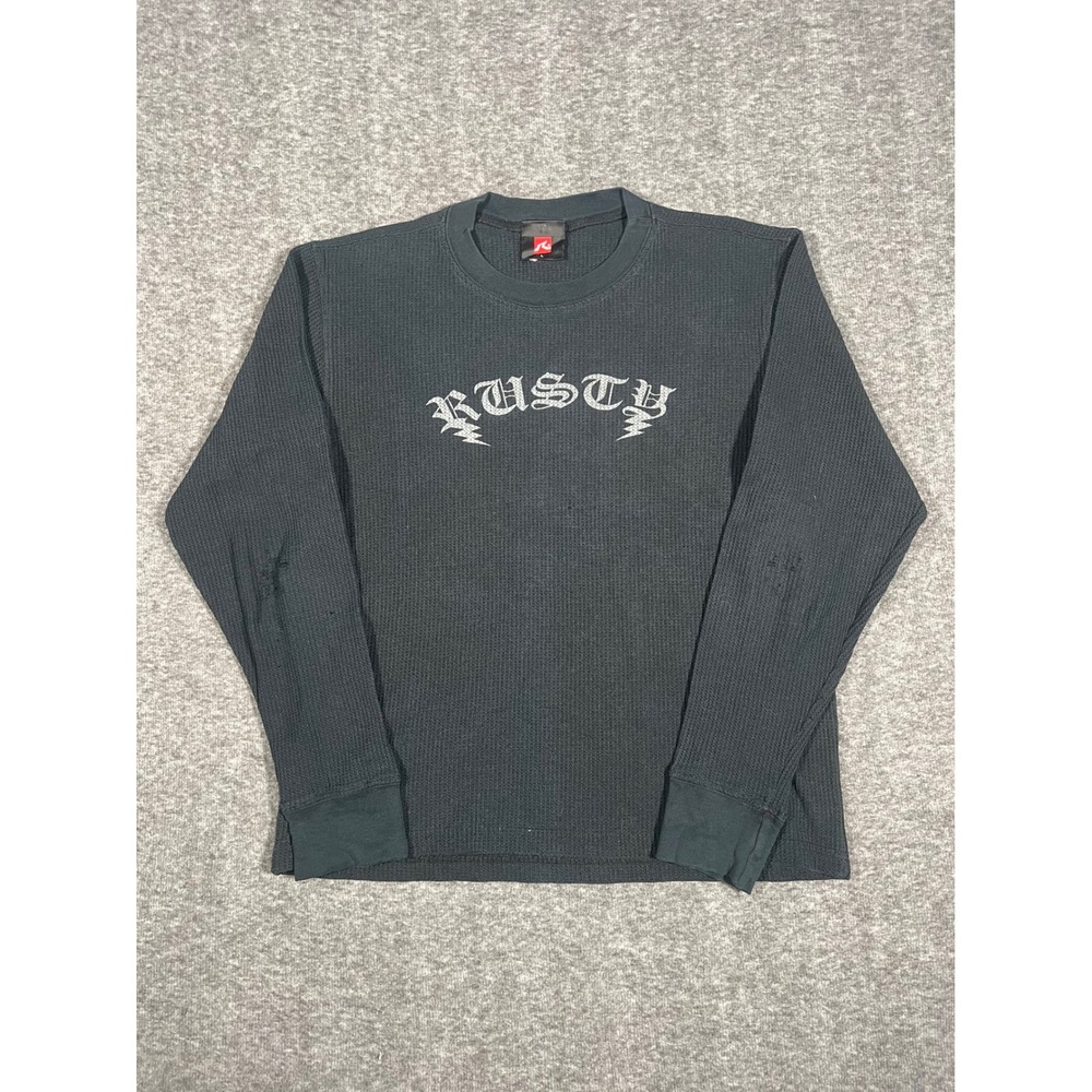 Vintage Rusty Surfwear Gothic Old English Logo Waffle Knit Thermal Black Large